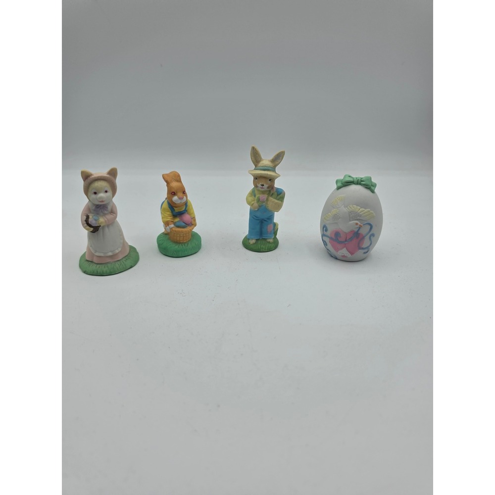 Vintage Easter Bunny Figurine Set 4pc Porcelain Bisque Spring Decor Miniature